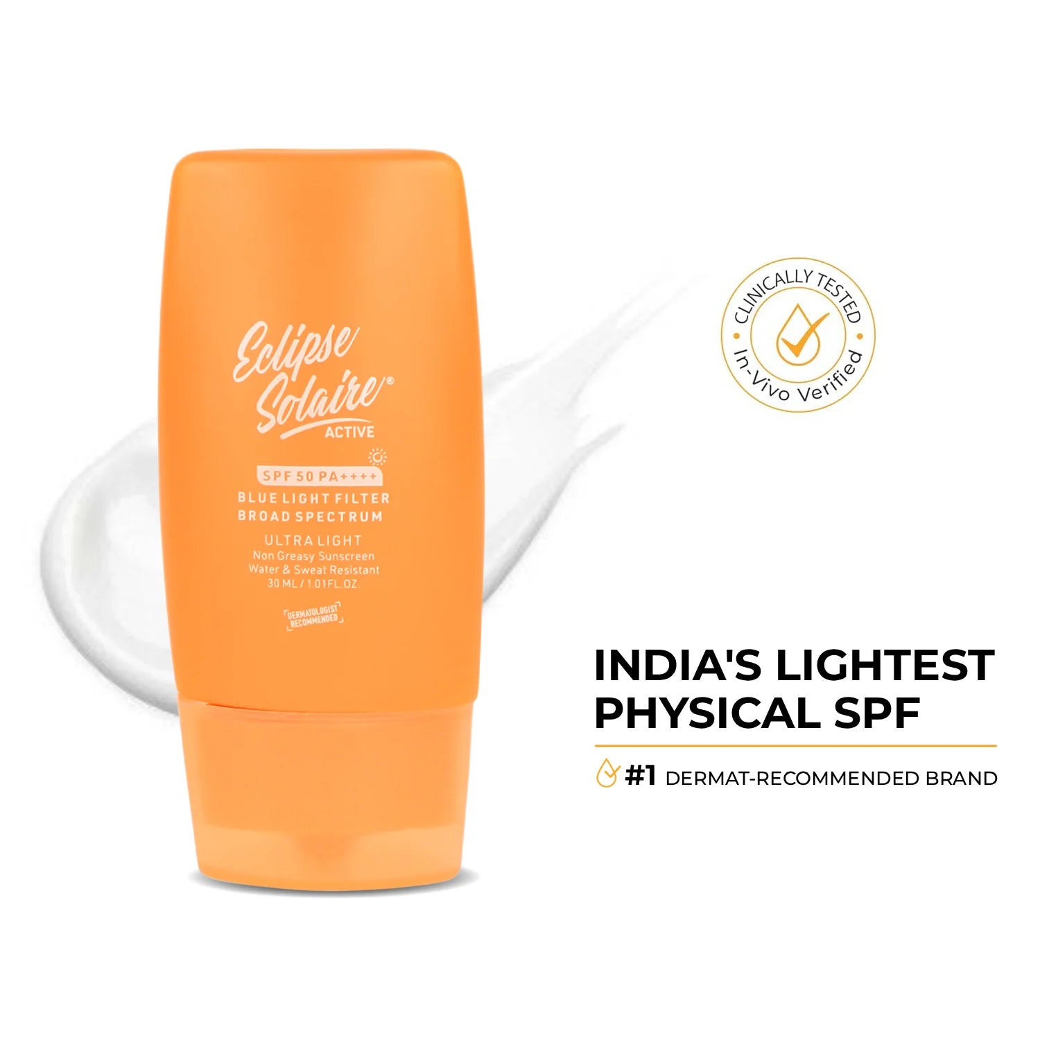 Eclipse Solaire Active SPF 50 PA++++ | Non-Greasy Physical Sunscreen for Sensitive Skin (30ML)